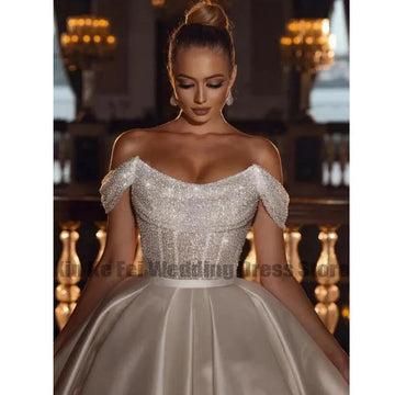 Runhufu A-Line Sexy Off Shoulder Wedding Dresses Shiny Bohemia Women's Tulle Princess Satin Bridal Gowns Robe De Mari¨¦e Vestido ???